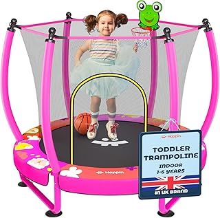 Happin 55” Toddler Trampoline Indoor & Outdoor Playset Ages 1-6, 5FT Kids, Ultra Safe Mini Trampoline for Kids with Safety Enclosure Net, Gifts for Birthday with Basketball Hoop