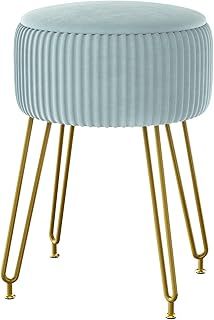 IBUYKE Velvet Storage Footrest Stool Ottoman, Makeup Vanity Stool Side Table with Golden Steel Legs Removable Cover, Coffee Table Top Cover, Creamy-White L/G-20M