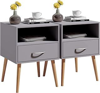 Joolihome Wood Bedside Table Set of 2 Cabinet Storage Nightstands 1 Drawer with Metal Handle, 42 x 42 x 56 cm (Grey, 2)