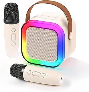 Karaoke Machine for Kids Adults, Mini Karaoke Machine with 2 Wireless Microphones, Portable Bluetooth Speaker with Voice Changing Effects & LED Lights, Best Gifts Toys for Girls and Boys Pink