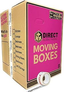 10 Strong Extra Large Tall Strong Cardboard Storage Packing Moving House Boxes with Carry Handles and Room List Fragile Tape 60cm x 44cm x 44.5cm 115 Litres