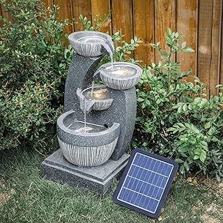 Garden Water Feature Decorate Cascading Tiered Water Fountain Pump Waterfall with LED Lights Indoor/Outdoor, Solar Powered, 4 Bowls Waterfall