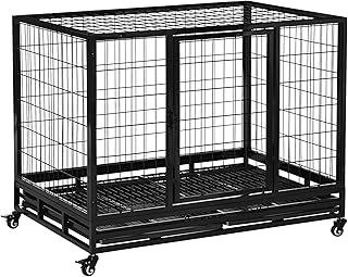 PawHut 43" Heavy Duty Metal Dog Kennel Pet Cage with Crate Tray and Wheels - Black (Large)