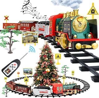 FRUSE Remote Control Christmas Train Set,Electric R/C Train Toy for Kids w/Smokes,Lights & Sound,Railway Kits w/Steam Locomotive Engine,Cargo Cars & Tracks,Present for 3 + Year Old Kids