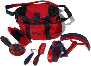 Rhinegold Grooming Bag With Kit, 7 Pieces Equestrian Grooming Gift Set that Includes All Types of Horse Hair Brush, Curry Comb, and Hoof Pick with a Multipurpose Horse Grooming Bag