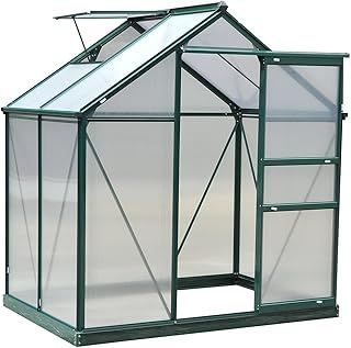 Outsunny 6 x 4ft Polycarbonate Greenhouse, Large Walk-In Green House with Slide Door and Window, Garden Plants Grow House with Aluminium Frame and Foundation, Dark Green
