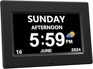 Auto Dimmable Calendar Day Clock Digital Photo Frame HD Display 12 Alarms Extra Large Impaired Vision Digital Clock with Non-Abbreviated Day & Month Alarm Clock(Black / 7inch)
