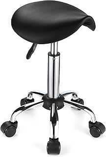 Saddle Rolling Stool with Wheels PU Leather Height Adjustable Swivel Stools Chair Black