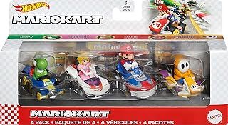 Hot Wheels GWB38​ Mario Kart Die-Cast Character Replicas in 4-Pack Each Assortment Includes Fan-Favorite Characters and 1 Exclusive Ages 3 and older, Multicolor, 5.08 cm*3.175 cm*7.62 cm