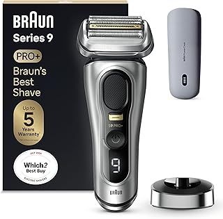 Braun Beard Shaver Series 9 PRO+ Electric Shaver for Men Rechargeable, 5 Pro Shave Elements & Precision Long Hair ProTrimmer, PowerCase, 9527s, Silver