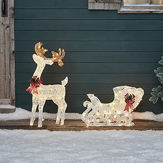 Lights4fun Outdoor Reindeer & Sleigh Light Up Christmas Figure Garden Decoration with 160 Warm White LEDs & Timer 70cm