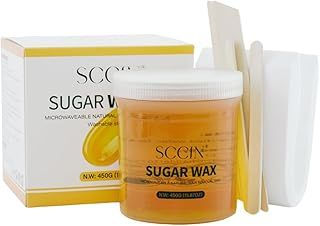 SCCIN 100% Natural Sugar Wax Hair Removal Kit 450G with 20 Washable/Resuable Cotton Strips and 4 Wooden Spatulas. Microwavable Depilatory Wax Jar. Washable Formula. Most Suitable for Sensitive Skin.