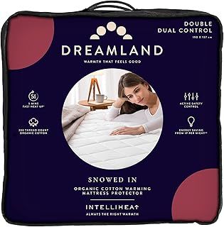 Dreamland Electric Mattress Protector Double Size – Snowed In Organic Cotton, Fitted Sheet style, Fast Heat-Up, Timer with 6 Heat Settings, 2 x Detachable Controller, Machine Washable, 190 x 137cm