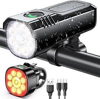 Bike Lights Front and Back, Super Bright Bicycle Lights USB Rechargeable, 8+7 Lighting Modes, Fast Charging, IP65 Waterproof Bike Light Set for Night Riding/Camping/Mountain