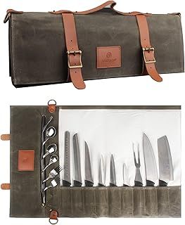 Waxed Canvas Chef Knife Roll Bag with 10 Pockets, Handle & Shoulder Strap