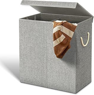 142 L Double Laundry Basket with Lid, Laundry Hamper Basket with Handles for Dirty Clothes, Laundry Bin Storage for Bedroom, Bathroom Storage (2 Compartment, Grey)