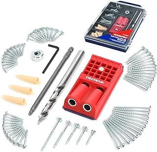 WORKPRO - Complete Pocket Hole Drilling Jig Kit - 125 Pieces - Jig Kit with 100 Self Tapping Screws and 20 Plugs - Woodworking Guide - Woodworking Oblique Hole Positioner
