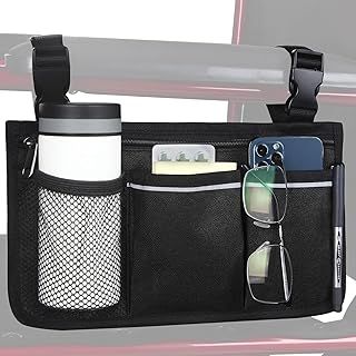 HSGEZUOQI Wheelchair Side Bag, Armrest Storage Pouch with Cup Holder and Reflective Strip Use of Waterproof Fabric for Most Wheelchairs, Walkers or Rollators (Black)