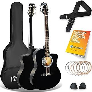 3rd Avenue Full Size 4/4 Cutaway Acoustic Guitar Pack Bundle for Beginners - 6 Months FREE Lessons, Bag, Strap, Picks and Spare Strings - Black
