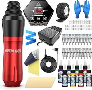 Wormhole Tattoo WTK080 Tattoo Kit - Complete Rotary Tattoo Pen Machine Kit for Beginners - Red, Adult