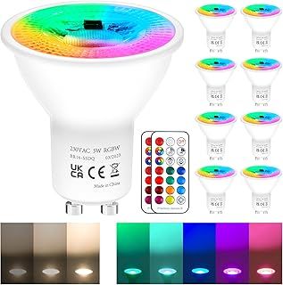 REYLAX GU10 Colour Changing LED Bulbs Dimmable 50 Watt Equivalent with Remote 5W GU10 Spotlight Warm White 12 Colours RGBW Spot Lights 5 Modes Timer for Atmosphere and Daily Lighting Pack of 8