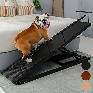 Dog ramp for Bed - PRIORPET Birchwood Adjustable Ramp for Dogs to Get on Bed: Dog ramps for High Beds up to 32 Inches – Foldable Ramp, Anti-Slip Grip & Safety Rails, Small Dogs Up to 50lbs – Natural