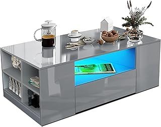 Blisswood Led Coffee Table with 2 Drawer Storage, High Gloss Coffee Table for Living Room Wooden Centre Table with RGB Led Lights Rectangle Tea Table for Living Room Furniture, Grey