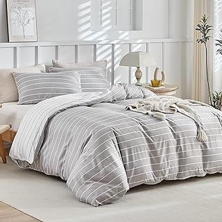 Grey Double Duvet Cover Set Boho Bedding Set, Stripe Print Double Duvet Set (1x Duvet Cover, 2x Pillow Cases) Ultra-Soft Microfiber Grey Bedding