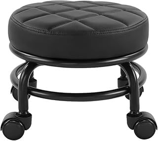 FURWOO Roller Seat PU Leather Low Round Rolling Stool Floor Stool with Universal Caster Wheels for Home Fitness Sport Pedicure Stool, H：25.5cm(Black)