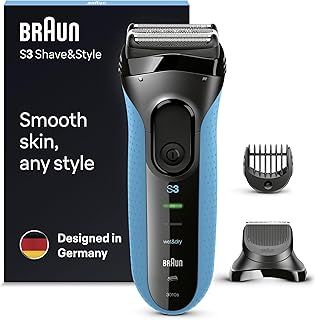 Braun Series 3 ProSkin Style & Shave Electric Shaver For Men With Precision Trimmer, Hair Clipper and 5 Combs, Wet & Dry, 100% Waterproof, UK 2 Pin Plug, 3010BT, Black/Blue Razor