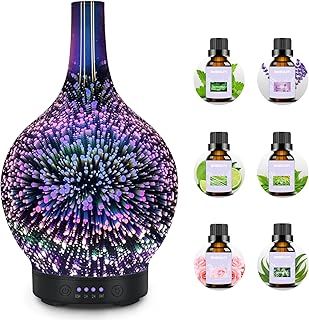 Essential Oil Diffuser Electric Aromatherapy Diffuser with 6 Essential Oil Set 3D Firework Glass Ultrasonic Aroma Diffusers Waterless Auto Shut-Off with 7 LED lights for Home Office Yoga Gift 120ml