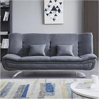 INMOZATA Linen Sofa Bed 3 Seater Sofa 188cm Bed Settee Click Clack Sofabed Convertible Sofa Couch with Chrome Legs and Two Pillows Support Leg for Living Room/Guest Room/Office (Grey)