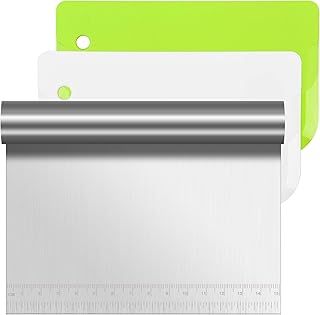 Vicloon Dough Scraper Cutter, 3 Pcs Stainless Steel Dough Scraper with Handle and Measuring Scale Plastic Shape Spatulas Flexible Dough Cutter for Pizza Pastry Bread Baking Cream Smoother