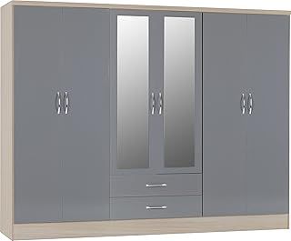 Seconique Nevada 6 Door 2 Drawer Wardrobe in Grey Gloss/Light Oak Effect Veneer