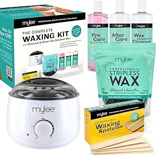 Mylee Professional Complete Waxing Kit with Wax Heater, Hard Wax Beads 500g, Applicator Spatulas, Pre & After Care Gel, Equipment Cleaner (Charcoal & Green Tea)