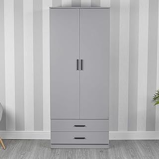 URBNLIVING Tall Wooden 2 Door Wardrobe With 2 Drawers Bedroom Storage Hanging Bar Clothes (Grey, Contemporary)