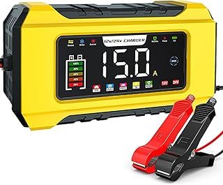 15A Car Battery Charger, 12V/24V Automatic Smart Charger Monitor Battery with LCD Screen Temperature Compensation for Car, AGM, Gel, Wet, SLA for Lead Acid Batteries and LiFePO4 Batteries