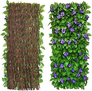 Artificial Leaf Screening, Expandable Fence Privacy Screen for Balcony Patio Outdoor,Decorative Faux Ivy Fencing Panel,Artificial Hedges 30x200cm- Expanded (1pcs, Purple Flowers)