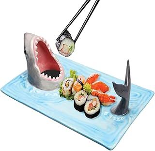 Shark Sushi Plate - 13x7.8 Inch Shark Head Sushi Plate, Hand-Painted Ceramic Shark Shaped Serving Platter, Shark Dipping Plate with Soy Sauce Holder, Shark Shape Rectangle Cheese Board