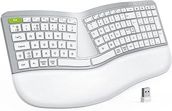 Seenda Wireless Ergonomic Keyboard, USB+ Bluetooth Keyboard Rechargeable with Wrist Rest, Split Keyboard Layout, for Windows/Mac OS/Android/iOS, UK Layout, White Silver