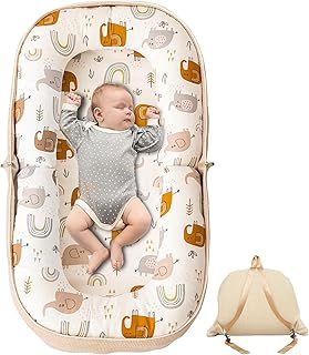 Baby Lounger, Foldable Infant Nest Pillow with Soft Memory Foam Mat, Cover with Adorable Pattern, Converts to Backpack for Easy Travel, 0-12 Months，Brown