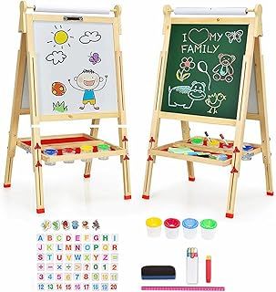 EAQ Kids Easel,Height Adjustable Wooden Art Easel,Whiteboard Chalkboard with Paper Roll Holder, Chalk Board for Kids,Best Birthday Gift for Kids (Wood)