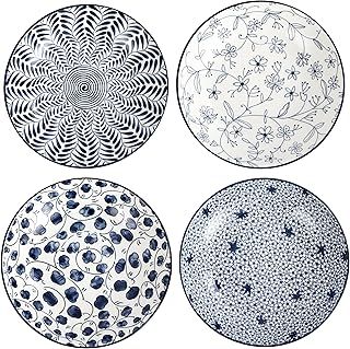 Ceramic Pasta Bowls Set,Blue and White Salad Bowl 20cm Dinner Shallow Plates Set of 4,Serving Appetizer Dessert Snack (8 Inch x 4pcs)