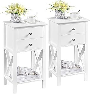 Yaheetech Tall Bedside Table Set of 2, X-shaped Bedside Cabinet with 2 Drawers & Shelf, Narrow Nightstand Telephone Sofa Side End Table for Bedroom Living Room Small Space, 40×30×70cm, White