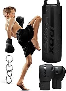 RDX 12KG Filled Kids Punch Bag with 6oz Boxing Gloves Steel Chain, 60CM Maya Hide Leather Hanging Junior Set for MMA Muay Thai Karate Kickboxing Training, Youth Punching Bag for Girls Boys Children