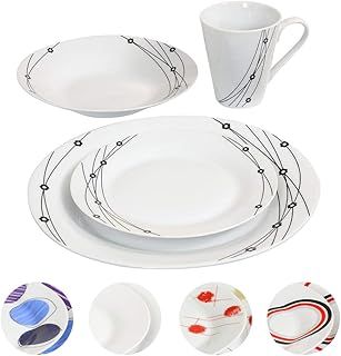 16PC Dinner Set Bowl Plate Mug Soup Side Porcelain Cup Gift Kitchen Service New (Black Patterns)