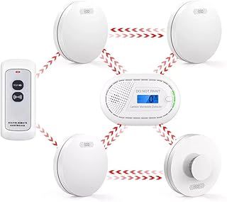 Wireless Interlinked Smoke Alarms, Network Connected, Multiple Unit System 3 wireless smoke alarms, 1 smoke detector, 1 CO alarm plus remote control all battery operated.