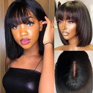 datanala Bob Wig with Bangs 10Inch Straight Short Bob Wig with Bangs Human Hair 3x1 HD Lace Glueless Wigs Blunt Cut Silk Bob Wig Wear and Go Breathable Short Bob Wigs For Black Women