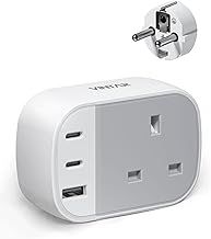 UK to European Plug Adapter, VINTAR Grounded Europe Travel Adapter with 2 USB C 1 USB A Ports, Travel Plugs UK to EU for Germany France Spain Greece Turkey Poland and More (Type E/F),1 Pack