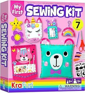 KRAFUN My First Sewing Kit for Kids Ages 5-9, Beginner Art & Craft with 6 Easy Doll, Pillow, Bag, Ornament Projects, Plush Felt, Safe Plastic Needle, Instructions to Learn Sewing, Embroidery Skills
